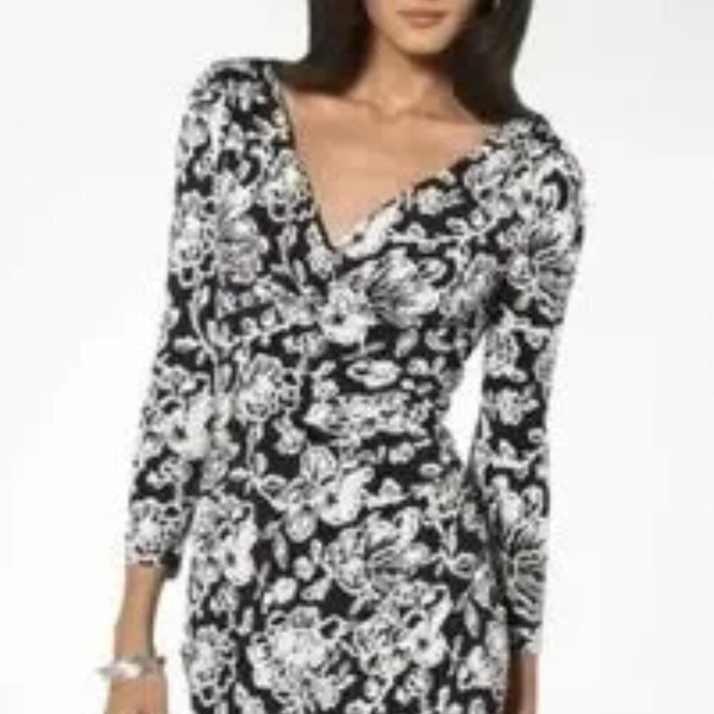 Lauren Ralph Lauren Black and White Floral Dress with 3/4 Sleeve- Size 2 - Picture 2 of 8